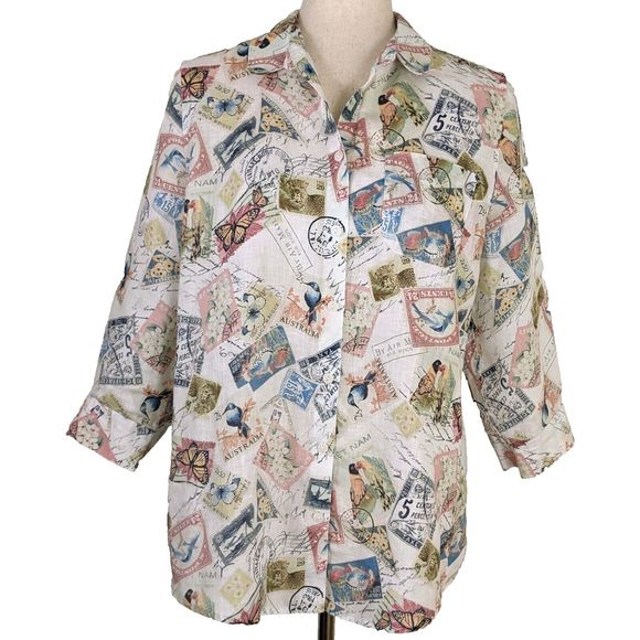 Chicos No Iron 100% Linen Size 1 (8/10) Travel Stamp Button Front Shirt - Picture 1 of 8
